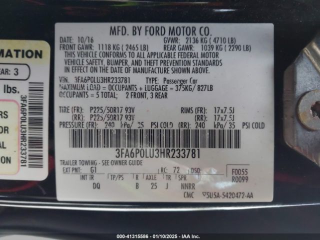 3FA6P0LU3HR233781 Ford Fusion Hybrid Se