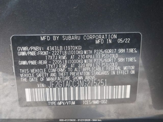 2022 SUBARU CROSSTREK JF2GTACC3NG275251 Photo 8