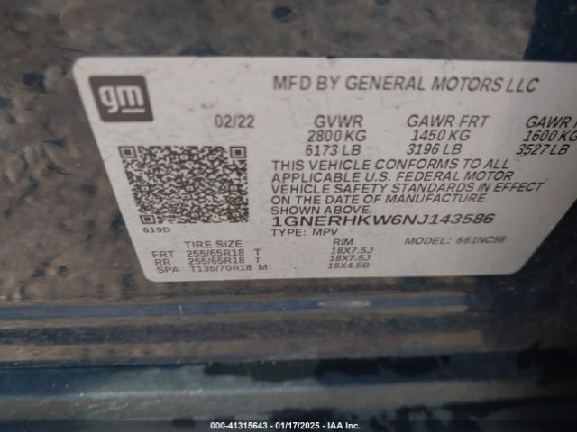 1GNERHKW6NJ143586 Chevrolet Traverse Fwd Lt Leather
