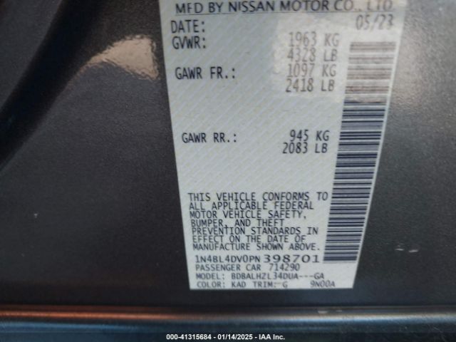 1N4BL4DV0PN398701 Nissan Altima Sv Fwd