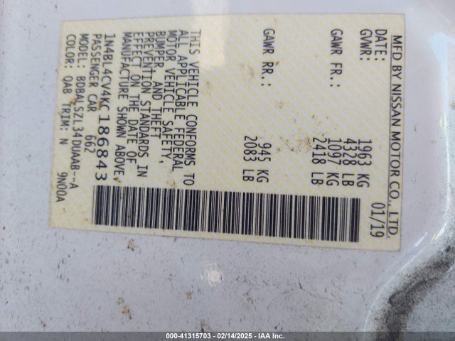 1N4BL4CV4KC186843 Nissan Altima 2.5 Sr