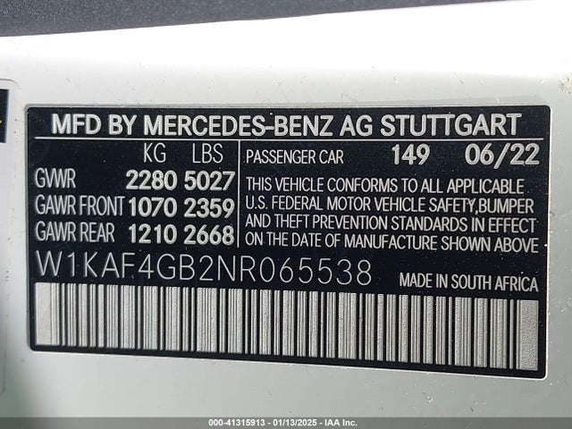 W1KAF4GB2NR065538 Mercedes-Benz C 300 Sedan