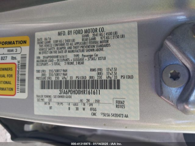 3FA6P0HD0HR161611 Ford FUSION SE