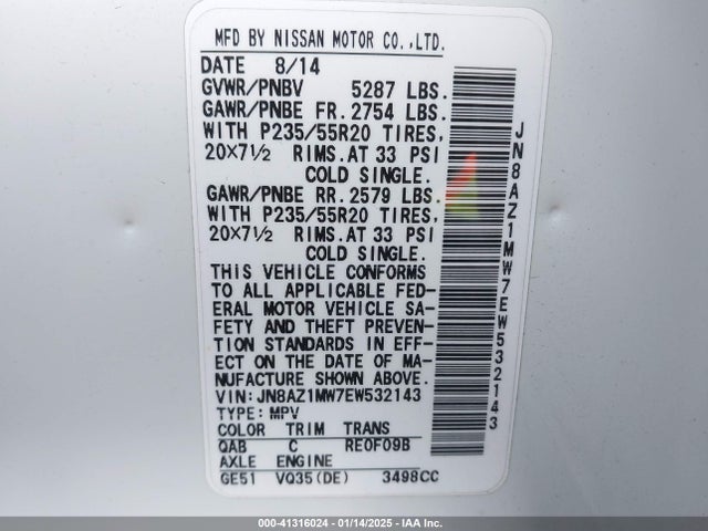 Nissan Murano Le 2014 JN8AZ1MW7EW532143 Image 9