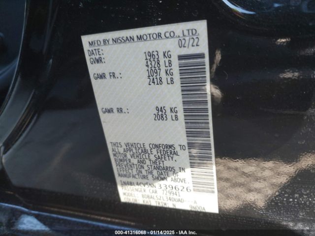1N4BL4CV5NN339626 Nissan Altima Sr Fwd