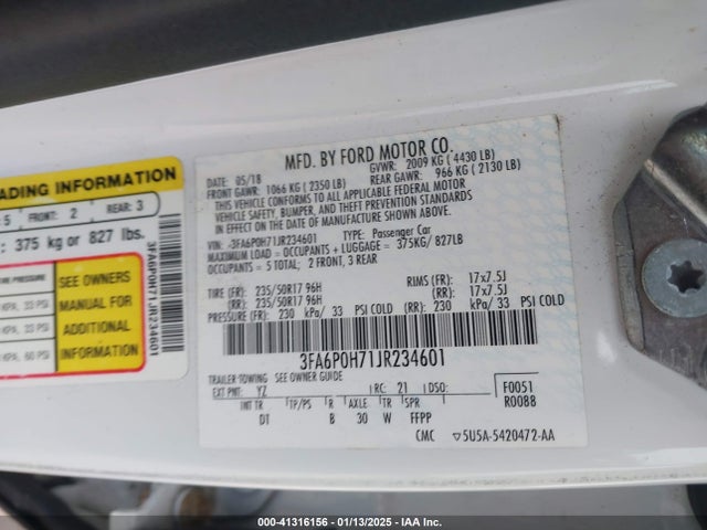 Ford FUSION SE 2018 3FA6P0H71JR234601 Image 9