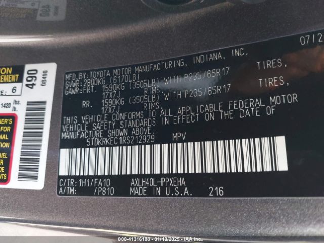 5TDKRKEC1RS212929 Toyota SIENNA LE