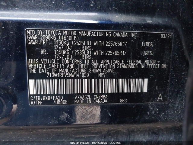 2T3W1RFV5MW141839 Toyota Rav4 Xle
