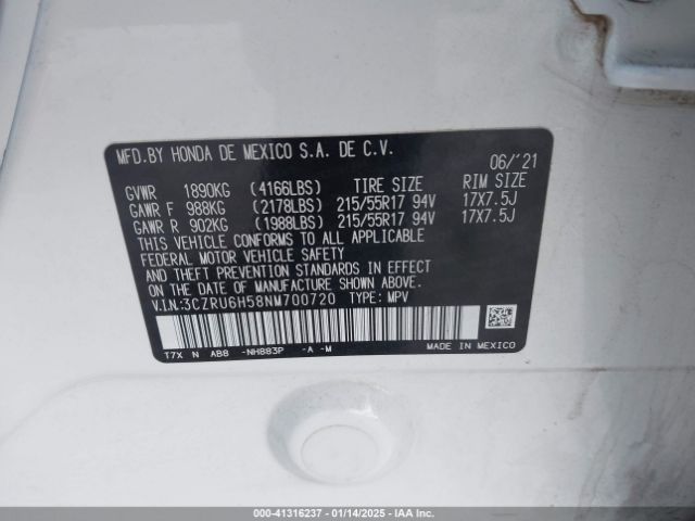 3CZRU6H58NM700720 Honda Hr-v Awd Ex