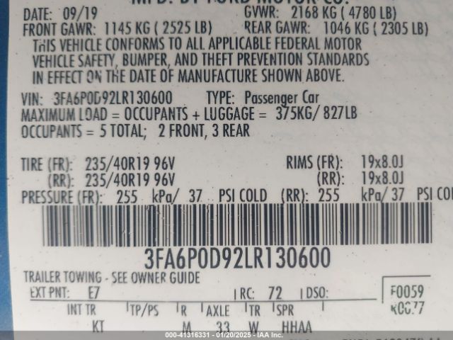 3FA6P0D92LR130600 Ford Fusion Titanium