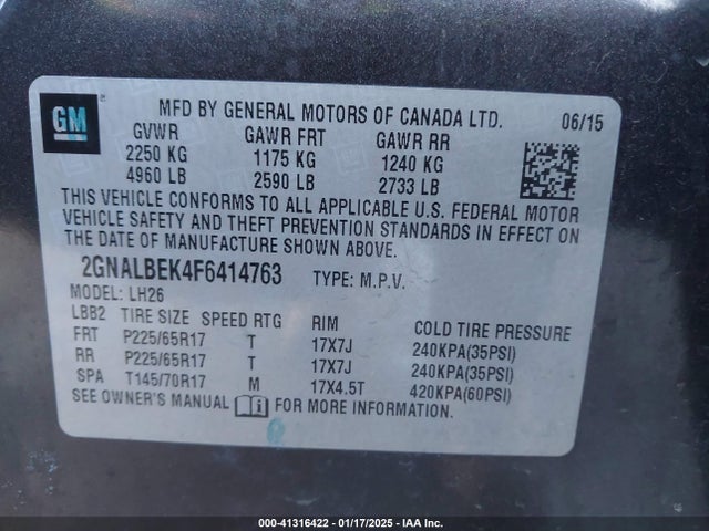 Chevrolet EQUINOX 1LT 2015 2GNALBEK4F6414763 Image 9