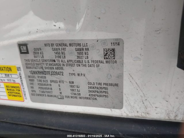 1GNKRHKD7FJ228472 Chevrolet Traverse 2lt