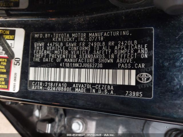 4T1B11HK3JU662730 Toyota CAMRY L