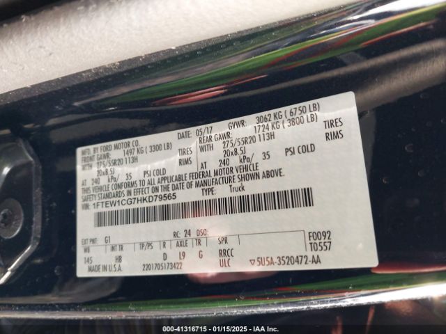 1FTEW1CG7HKD79565 Ford F-150 Lariat