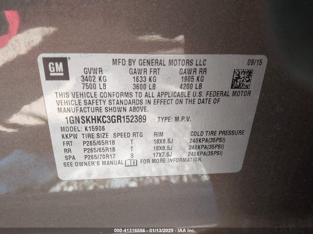 Chevrolet Suburban Lt 2016 1GNSKHKC3GR152389 Image 9