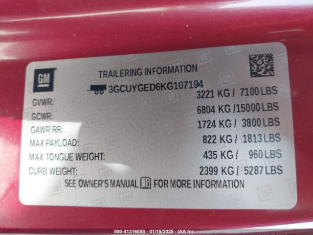3GCUYGED6KG107194 Chevrolet Silverado 1500 Ltz