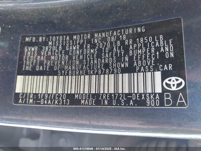 5YFBURHE1KP878790 Toyota COROLLA SE