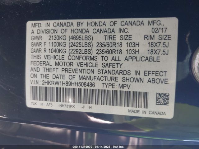 2HKRW1H89HH508486 Honda Cr-v Ex-l/ex-l Navi