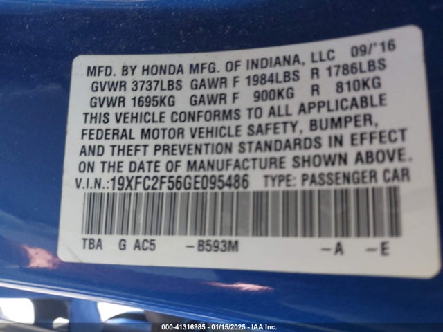 41316985 :رقم المزاد ، 19XFC2F56GE095486 vin ، 2016 Honda Civic Lx مزاد بيع