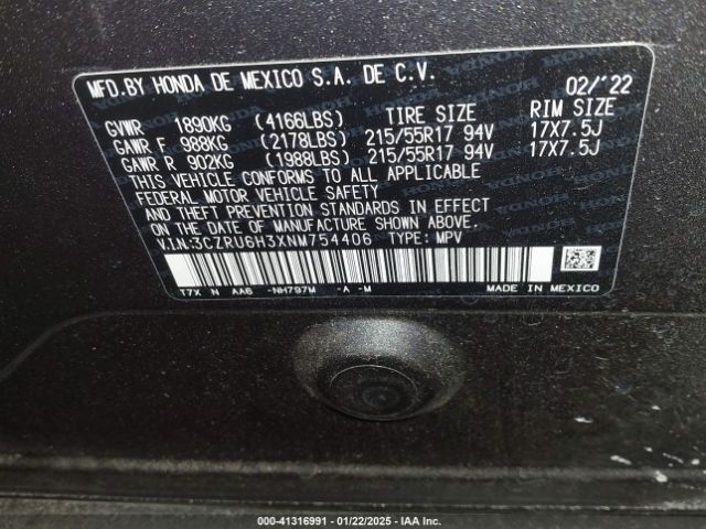 3CZRU6H3XNM754406 Honda Hr-v Awd Lx