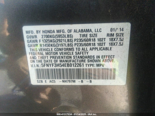 Honda Pilot Ex-l 2014 5FNYF3H54EB012261 Image 9