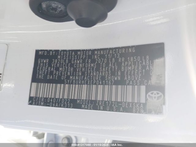 5YFBURHEXEP041167 Toyota Corolla L/le/le Pls/prm/s/s Pls