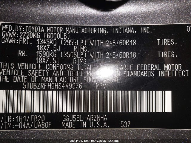 5TDBZRFH9HS449976 Toyota Highlander Le