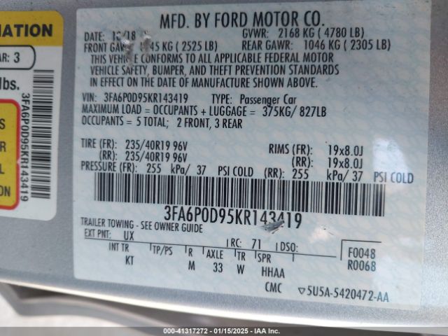 3FA6P0D95KR143419 Ford Fusion Titanium