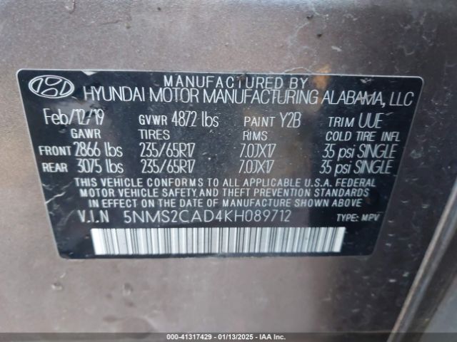 5NMS2CAD4KH089712 Hyundai Santa Fe Se