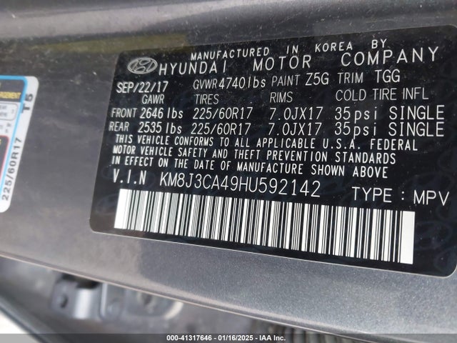 KM8J3CA49HU592142 Hyundai TUCSON SE