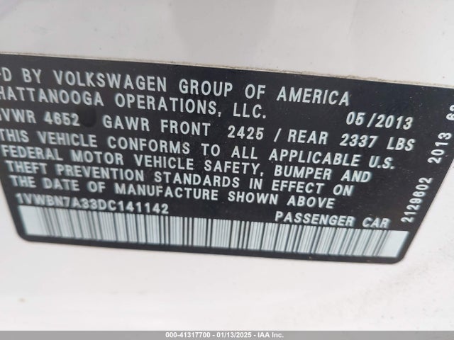 2013 Volkswagen Passat 2.0l Tdi Se მანქანა იყიდება აუქციონზე, vin: 1VWBN7A33DC141142, აუქციონის ნომერი: 41317700