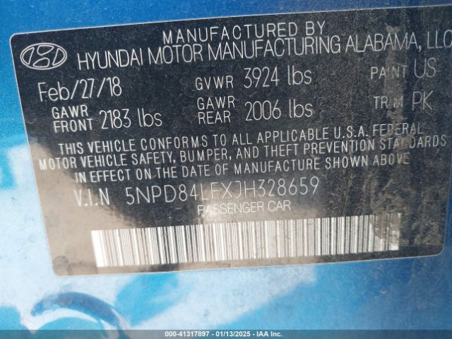 5NPD84LFXJH328659 Hyundai ELANTRA SEL