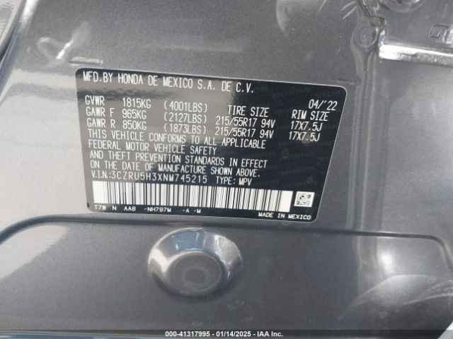 3CZRU5H3XNM745215 Honda HR-V LX