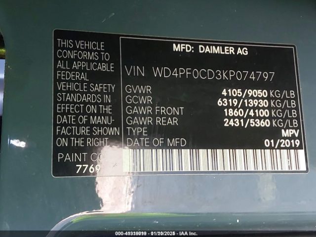 WD4PF0CD3KP074797 Mercedes-Benz Sprinter 2500 High Roof V6/standard Roof V6