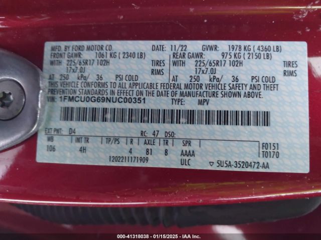 1FMCU0G69NUC00351 Ford ESCAPE SE