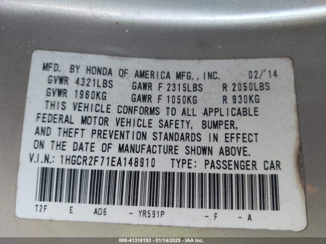 Honda ACCORD EX 2014 1HGCR2F71EA148910 Image 9