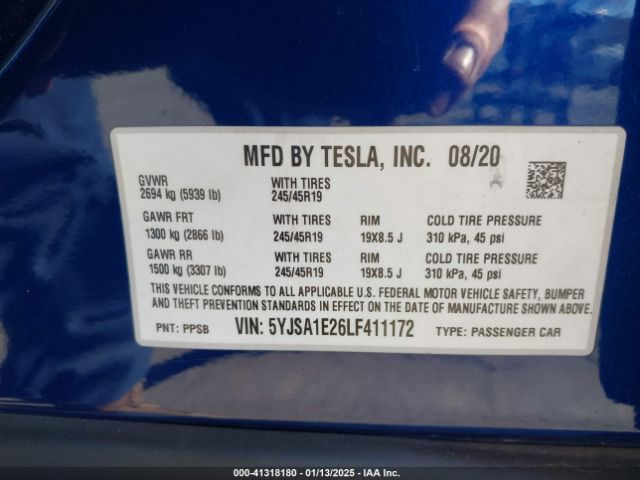 5YJSA1E26LF411172 Tesla Model S Long Range Dual Motor All-wheel Drive/long Range Plus Dual Motor All-wheel Drive