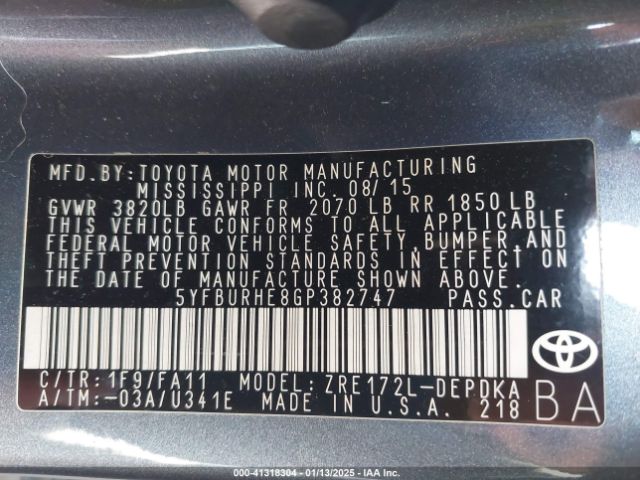 5YFBURHE8GP382747 Toyota COROLLA L