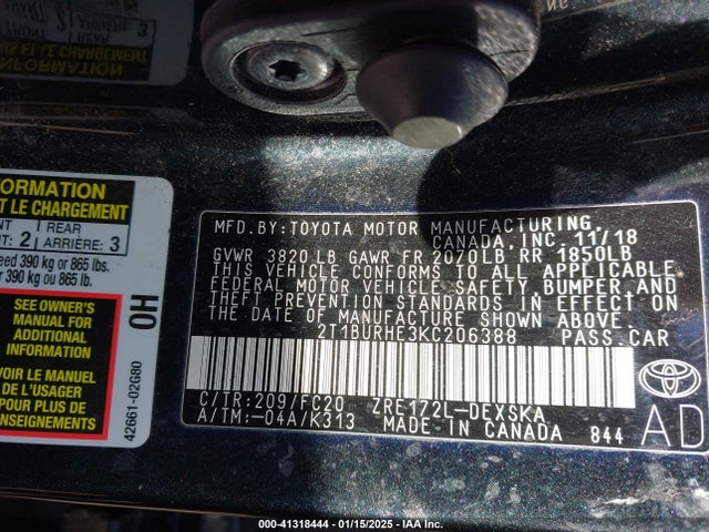 Toyota COROLLA SE 2019 2T1BURHE3KC206388 Image 9