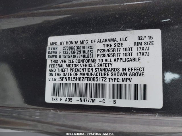 Honda Odyssey Ex-l 2015 5FNRL5H62FB065172 Image 9
