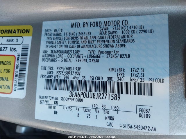 Ford Fusion Hybrid S 2018 3FA6P0UU8JR271589 Image 9
