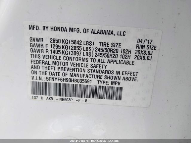 5FNYF6H90HB035691 Honda Pilot Touring