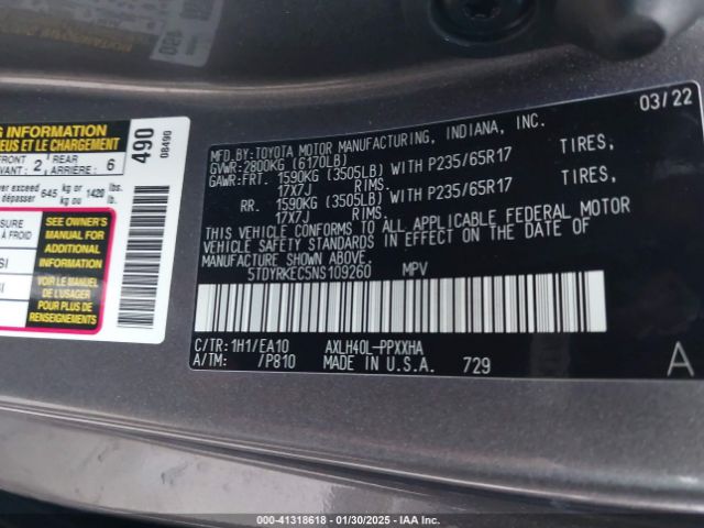 5TDYRKEC5NS109260 Toyota SIENNA XLE