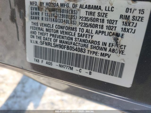 5FNRL5H90FB054083 Honda Odyssey Touring/touring Elite