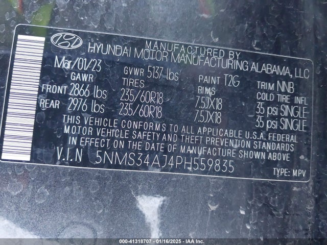 5NMS34AJ4PH559835 Hyundai Santa Fe Sel
