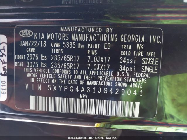 5XYPG4A31JG429041 KIA Sorento 2.4l Lx
