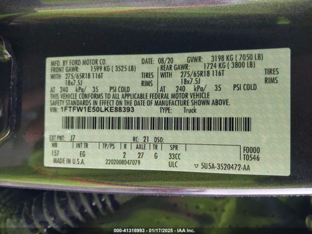 1FTFW1E50LKE88393 Ford F-150 Lariat