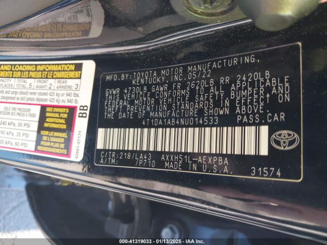 4T1DA1AB4NU014533 Toyota Avalon Limited Hybrid