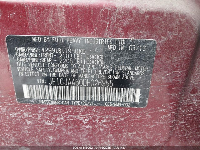 2013 Subaru Impreza 2.0i მანქანა იყიდება აუქციონზე, vin: JF1GJAA60DH026955, აუქციონის ნომერი: 41319062