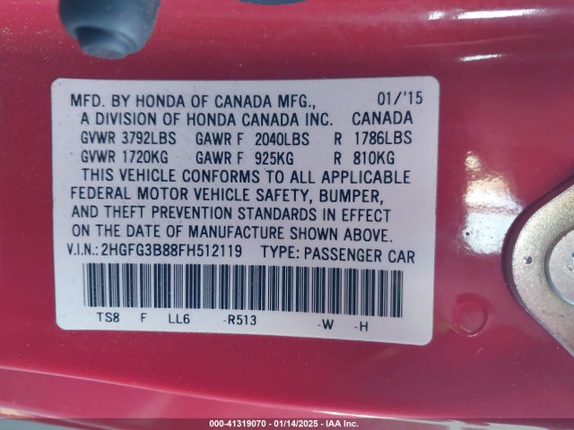Honda CIVIC EX 2015 2HGFG3B88FH512119 Image 9